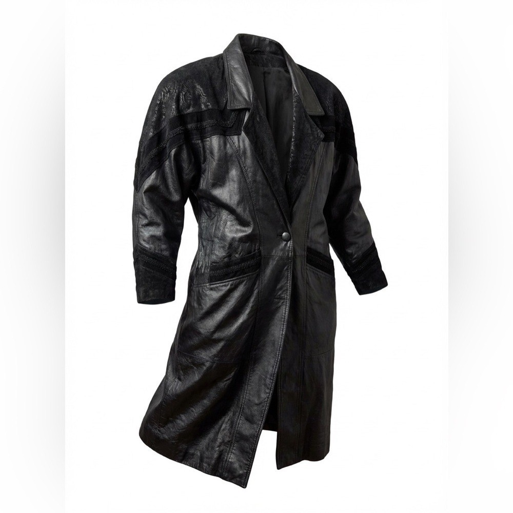 Vintage Springwest Women’s Full Length Black Leather Trench Coat Size L P2P 23″