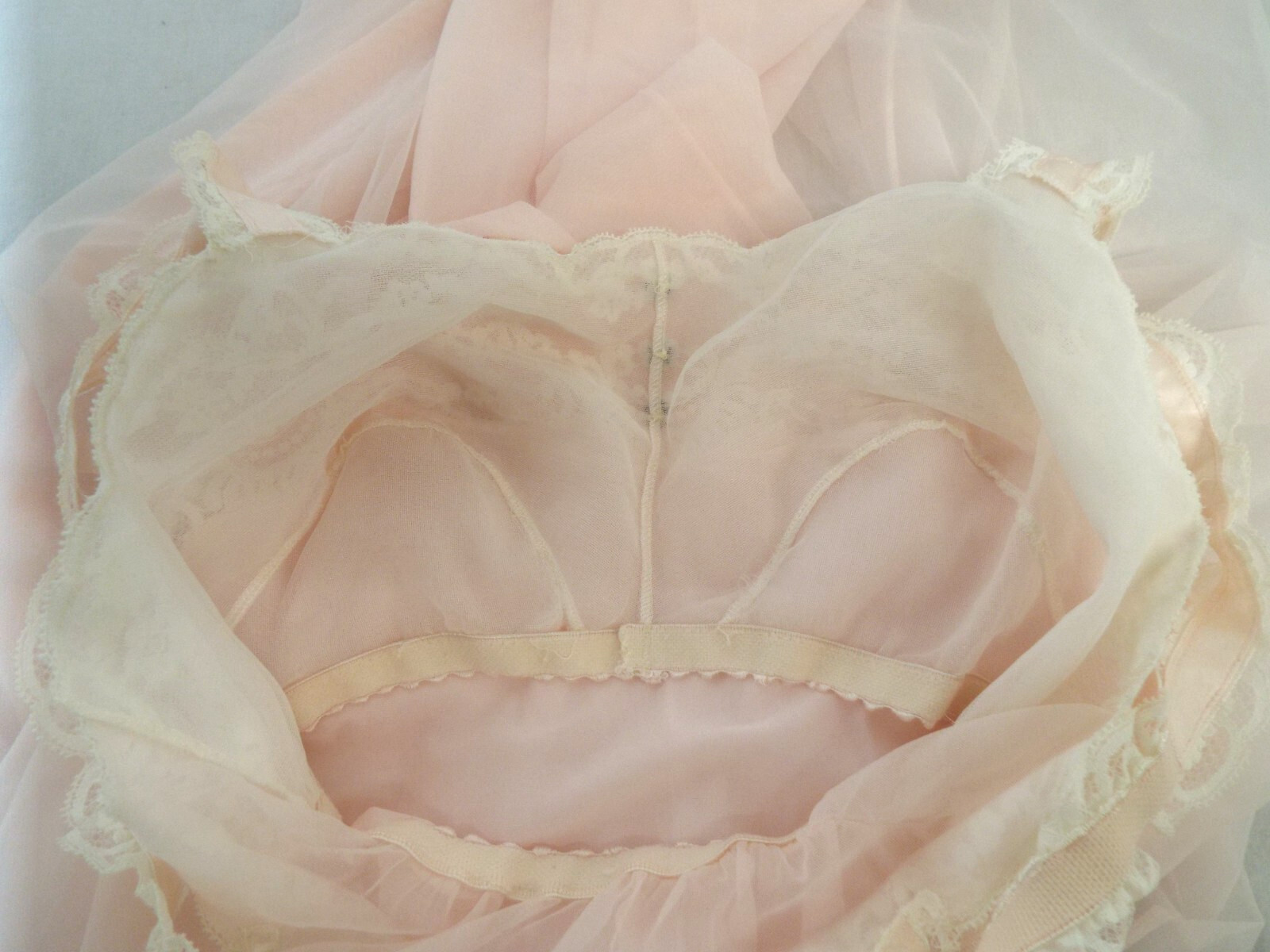 Vintage Warner Laros Nylon Double Layer Pink Sheer Night Gown 32 Bra Top Lace