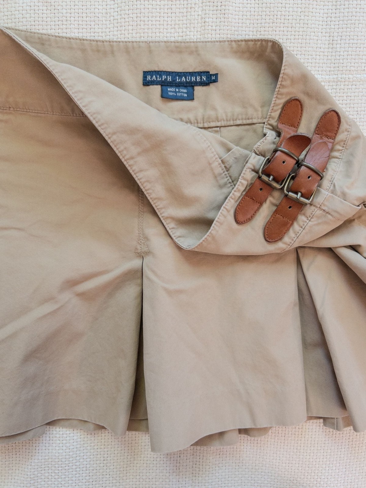 VTG Ralph Lauren Khaki Pleated Mini Skirt 14 Cotton Leather Double Buckle Tan