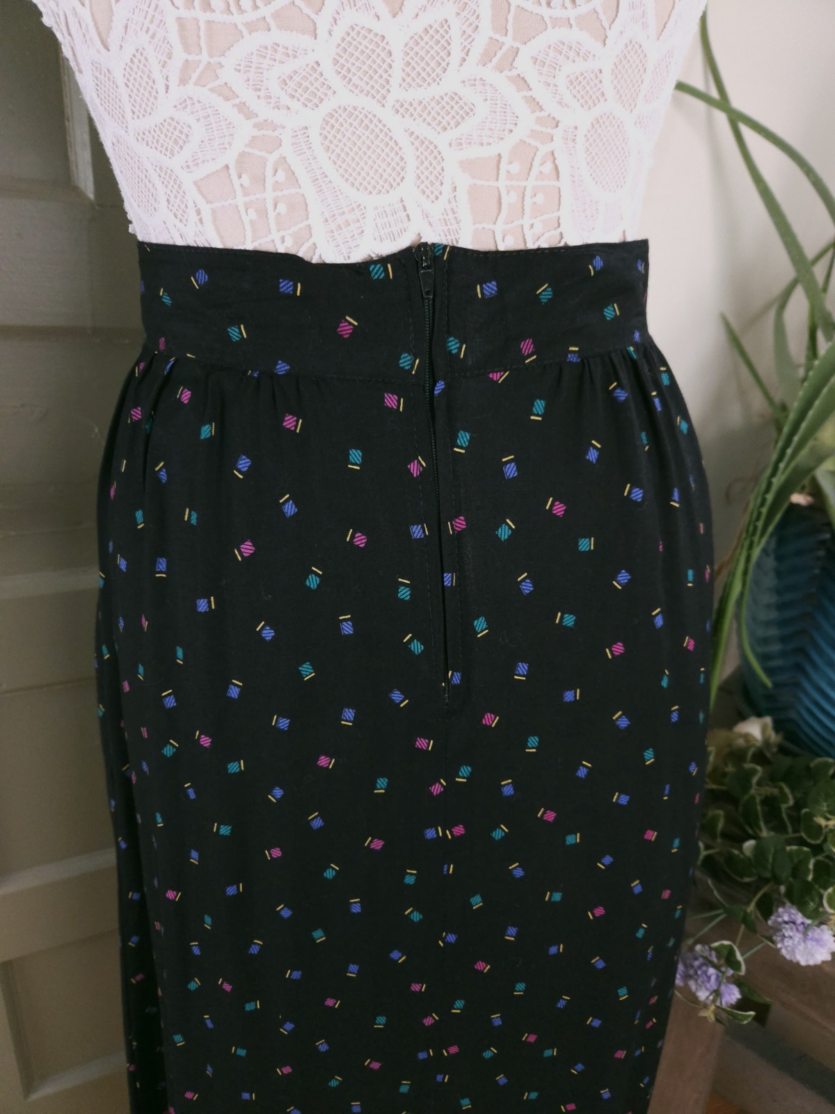 Norton McNaughton Vintage 80s Geometric Black Neon Rayon Midi Skirt S/M
