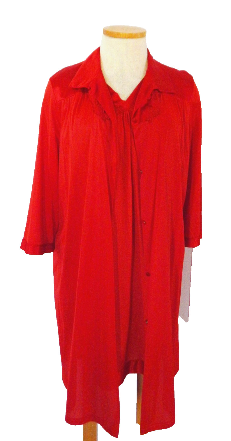 Vtg Vanity Fair Red Nylon Peignoir Set Slip Dress Size M & Robe Size XL USA