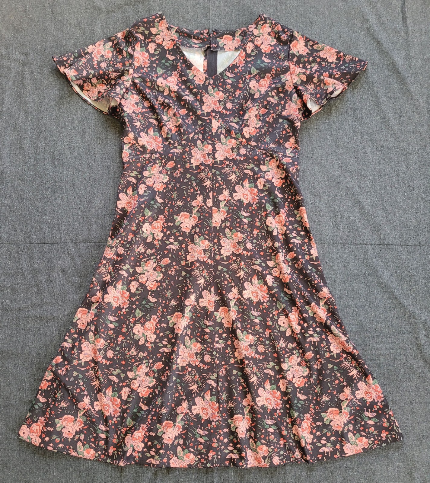 70’s 60s Vintage Handmade Dress Floral Pink Black Flowy Butterfly Sleeve Midi M