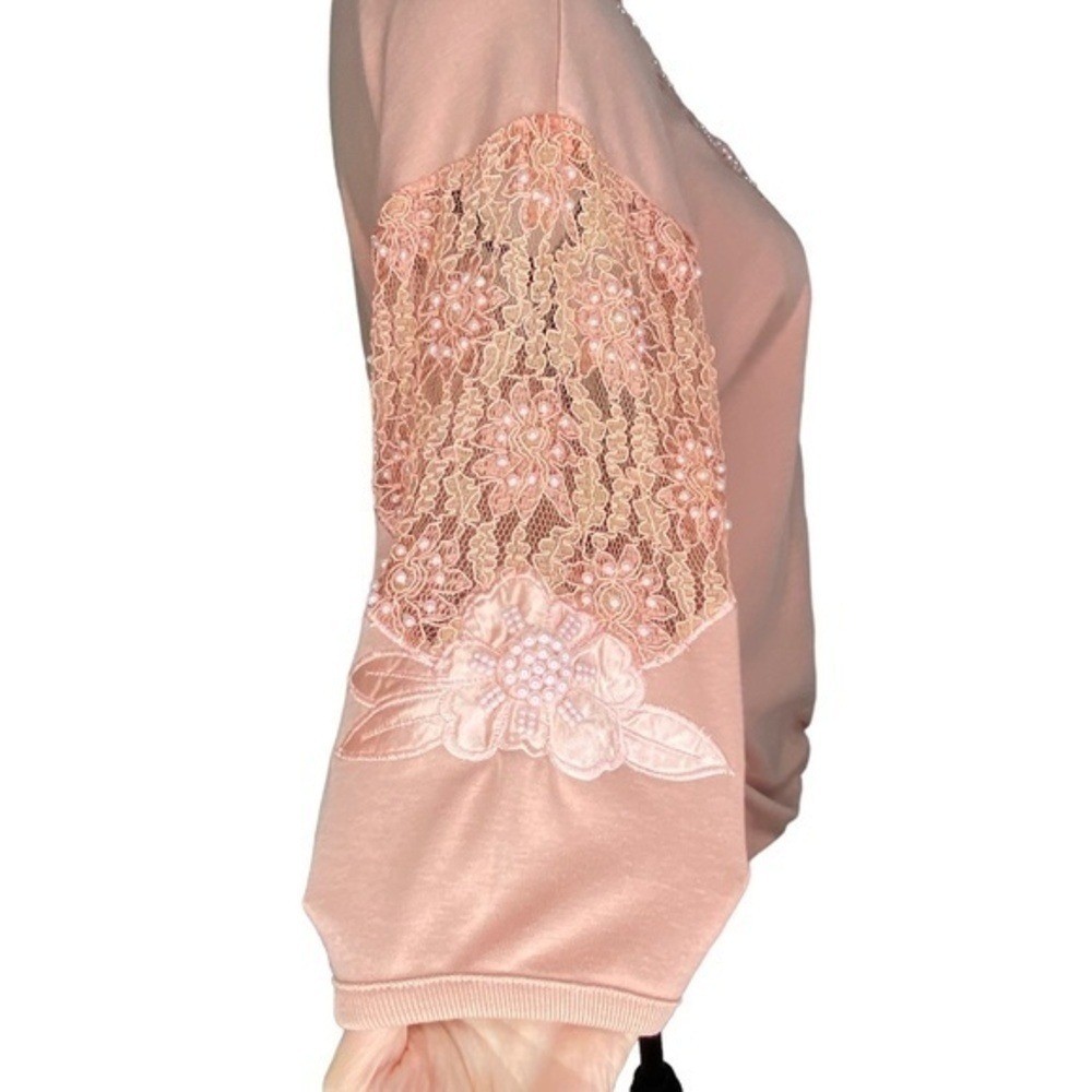 Vintage Recent Works Top Blush Pink Lace Bead Floral Appliqué Half Sleeve Top