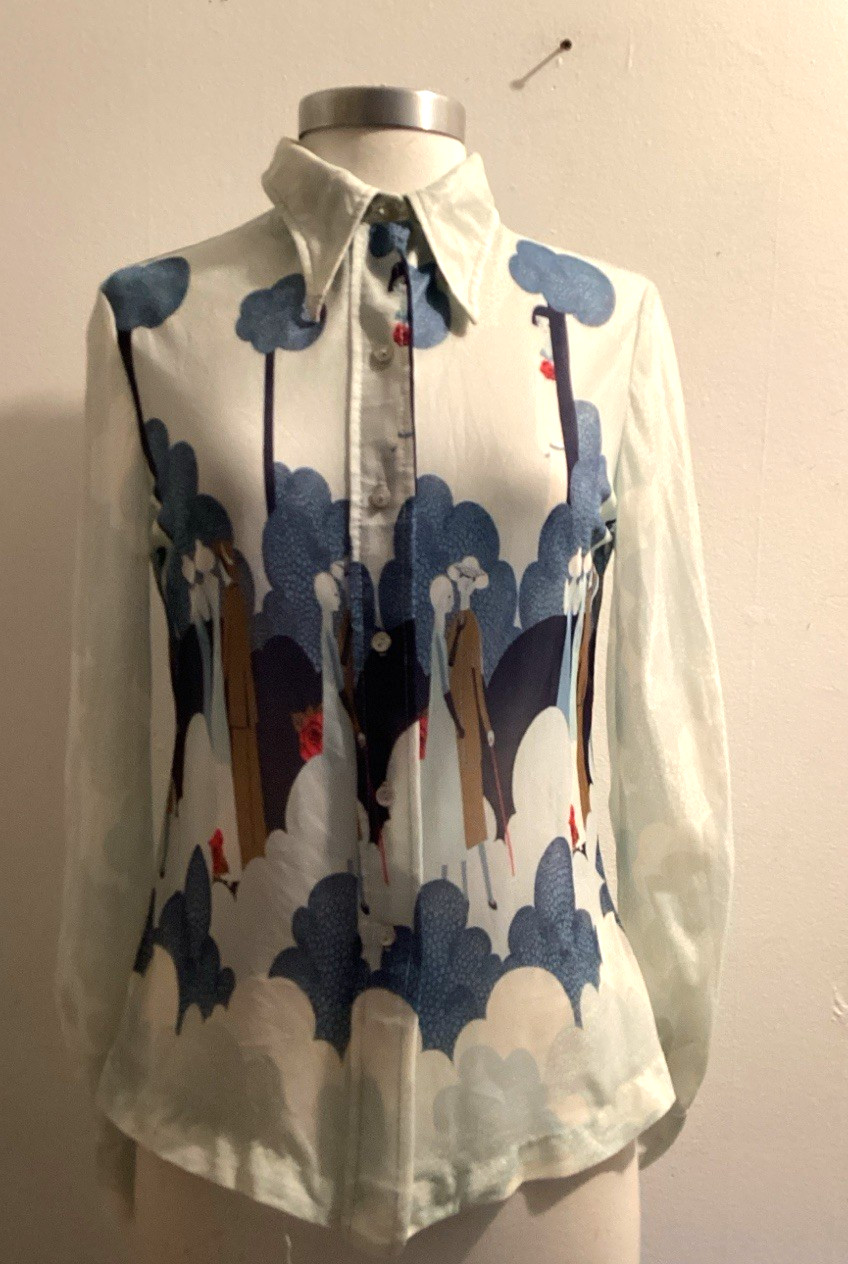 vintage 70’s sheer tricot novelty print disco dagger collar shirt sz S