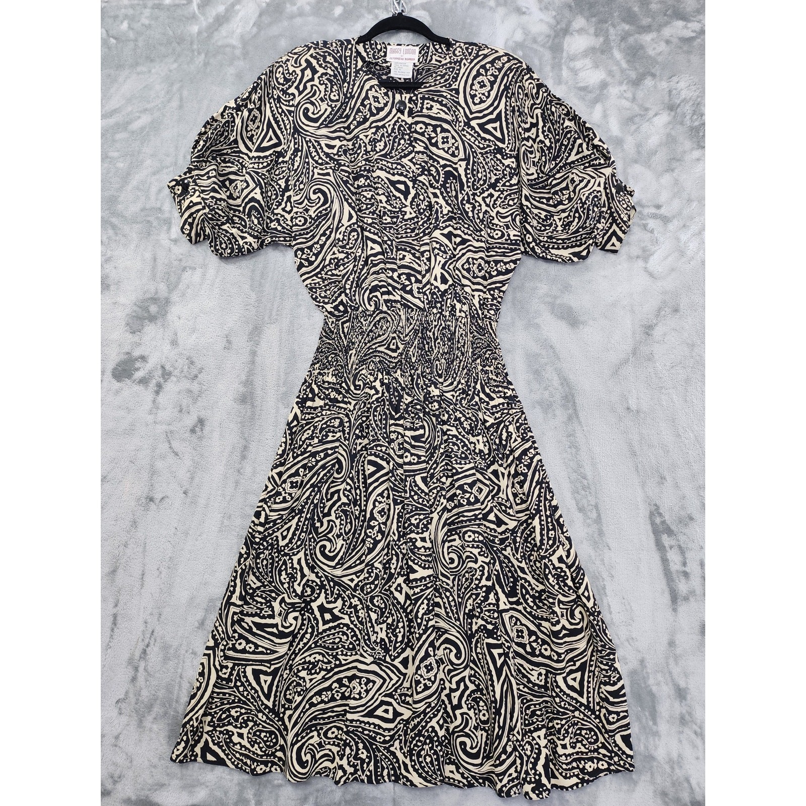 Vintage 80s Maggy London Paisley Smocked Waist Blouson Dress Size 4 Black Cream