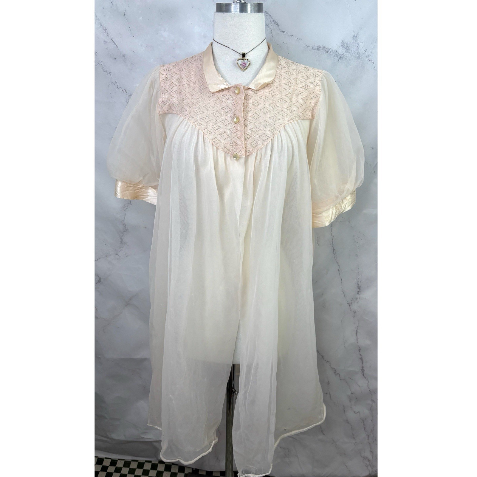 Vintage 60s Babydoll Pink Chiffon Nightie Robe Dress Nightgown Lingerie Princess