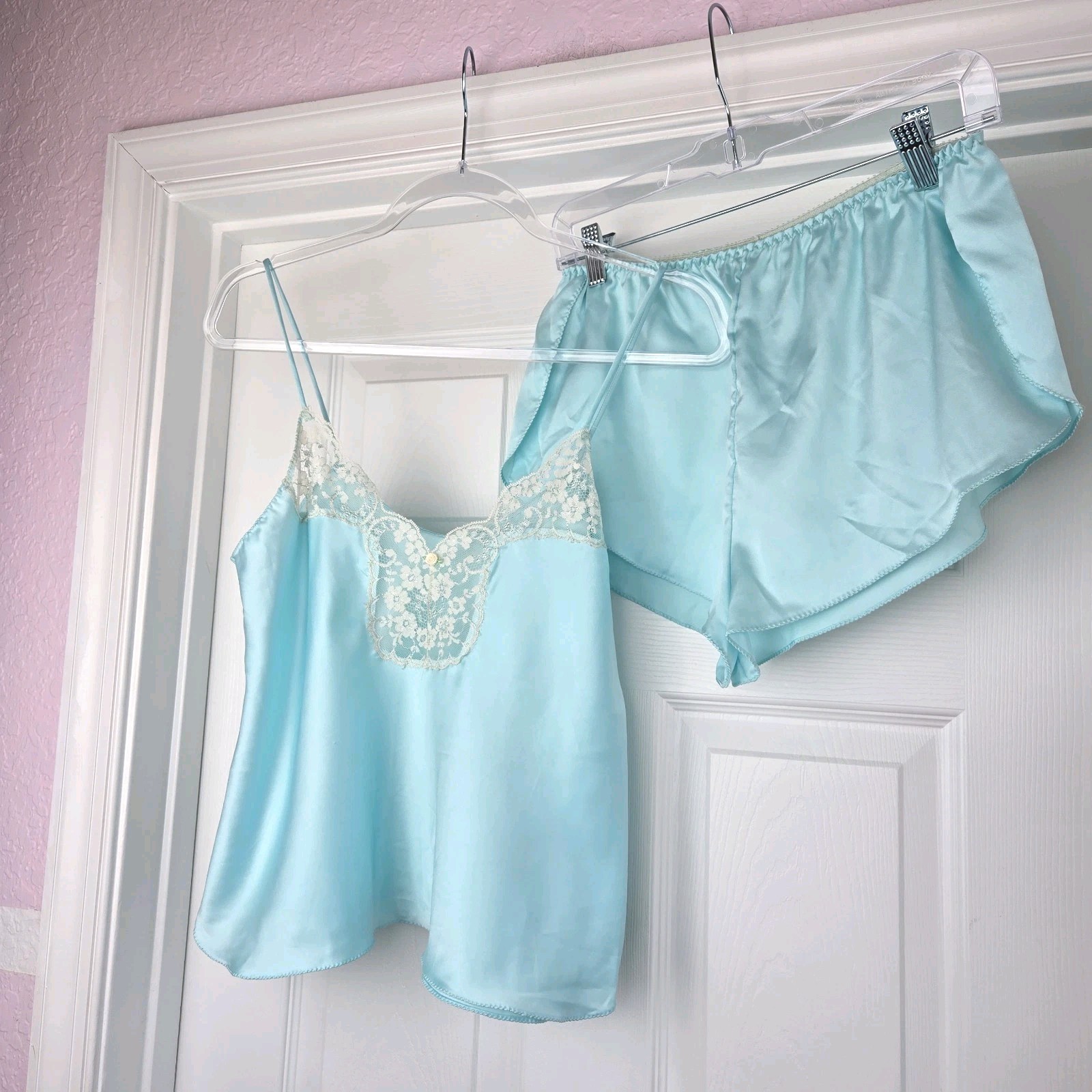 Victoria’s Secret Vtg Satin Cami And Shorts Sleep Set Loungewear Blue USA