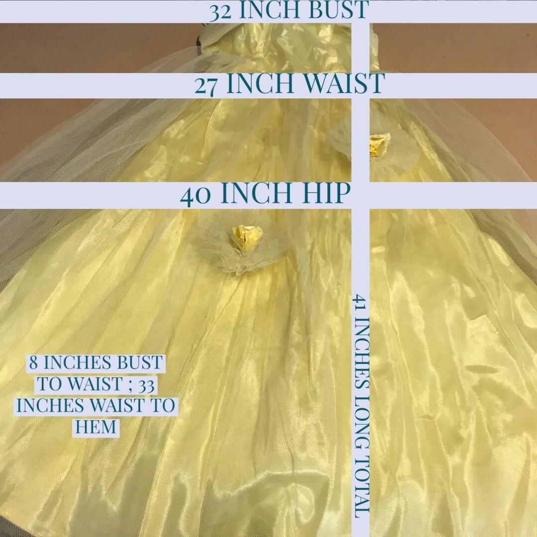 VINTAGE CIRCA 1950’S YELLOW TULLE & TAFFETA PARTY DRESS WITH FLOWER SZ SM