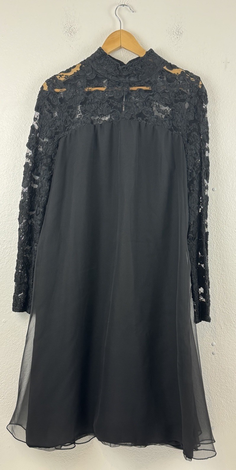 Vintage 60s Miss Elliette Black Lace Sheer Swing Dress Midi Mod GoGo