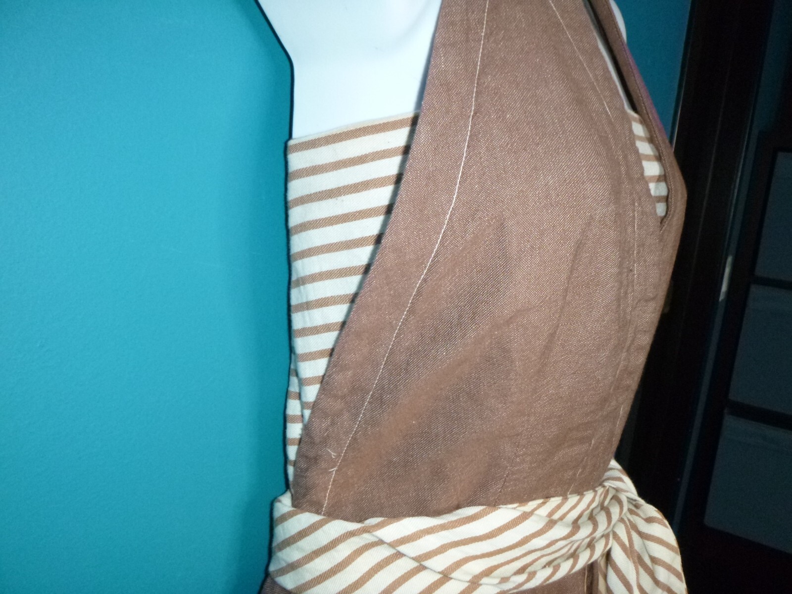 Vtg 60s junior House Brown Denim Halter Dress W/ Striped Top & Sash Sz S