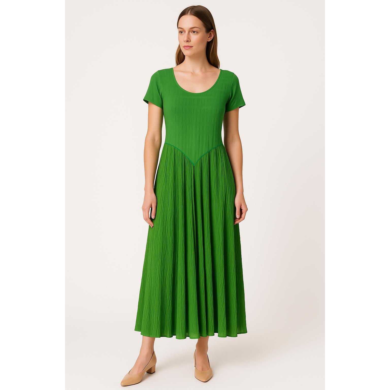 IMPRESSO Dress Womens M/L Rayon Green Gauze Crinkle Skirt Scoop Neck ALine VTG