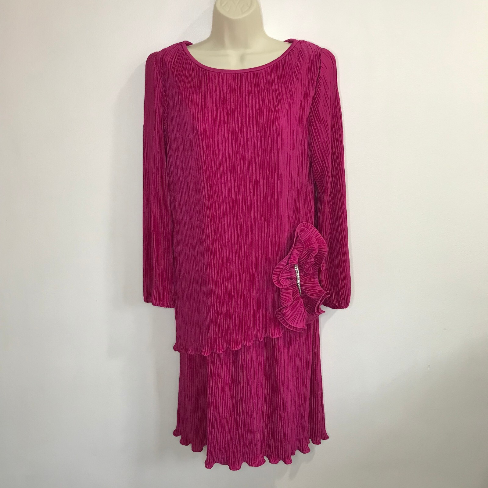 After Dark Vintage 80 s Dress Pink MEDIUM M 9-10 Long Sleeve Ruffle Crystal
