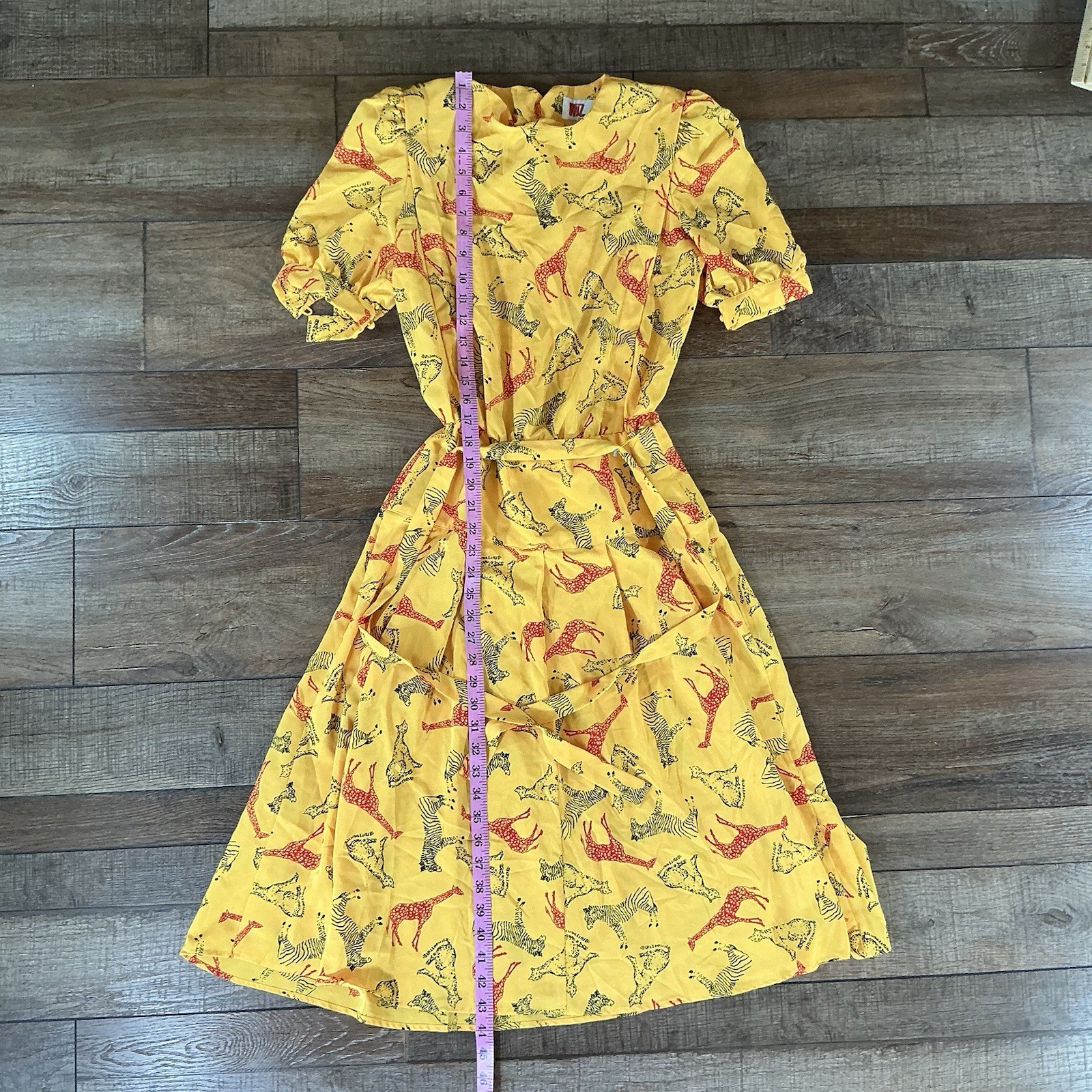 80s VTG WIZ Dress Women’s Sz 5/6 Yellow Safari Animal Print Puff Sleeve #281111