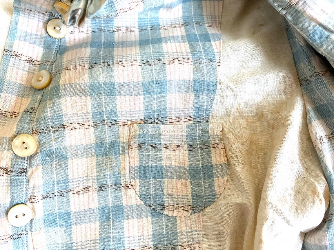 Antique 1800’s Ladies Gingham Bodice w Cummerbund & Stays ~ Mutton Sleeves XXS