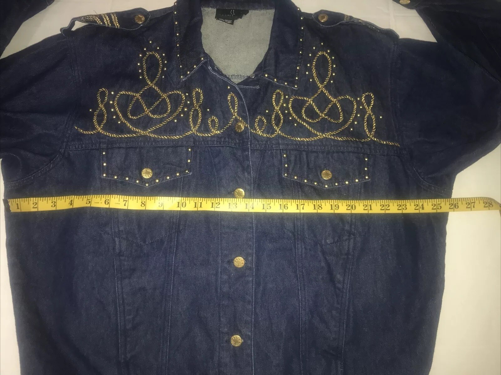 VTG CAROLE LITTLE Jacket Denim Blue Gold Studs/Rope Embroidery Size 14? (READ)