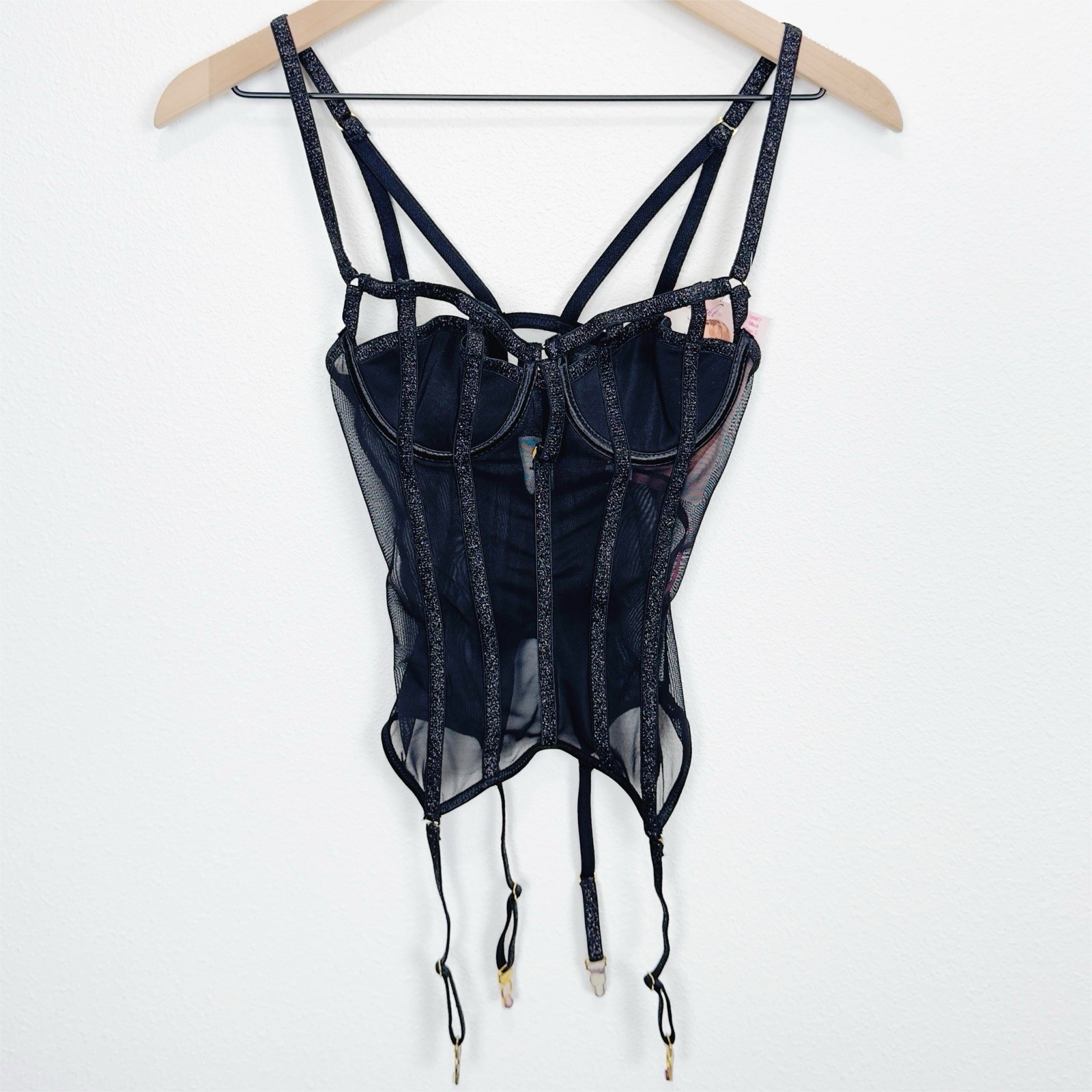 NEW Seven Til Midnight Corset Womens Small Black Sheer Coquette Lingerie Grunge