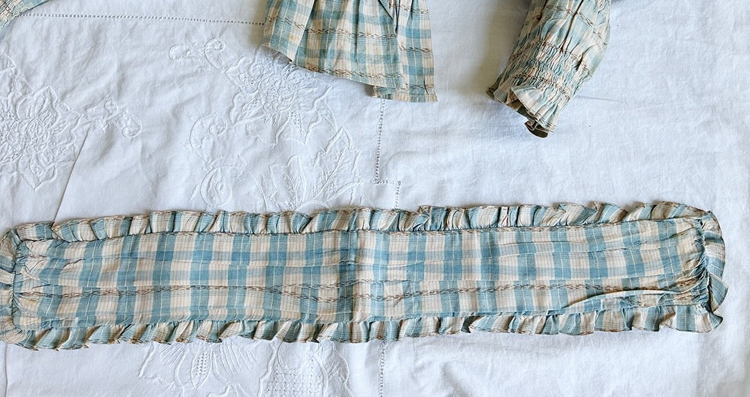 Antique 1800’s Ladies Gingham Bodice w Cummerbund & Stays ~ Mutton Sleeves XXS