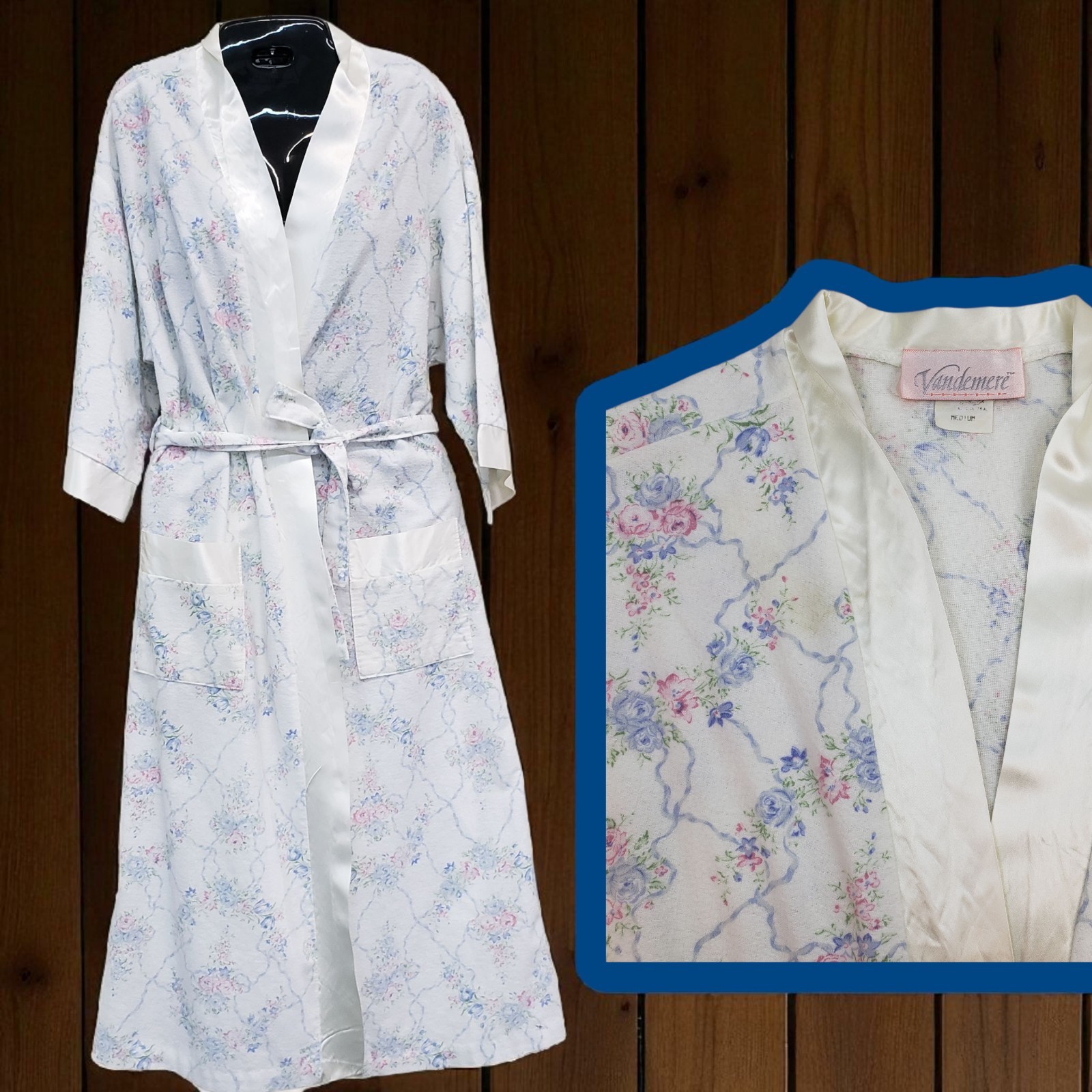 Vintage Vandemere Light Flannel Robe Womens Med Blue Floral White Satin Trim