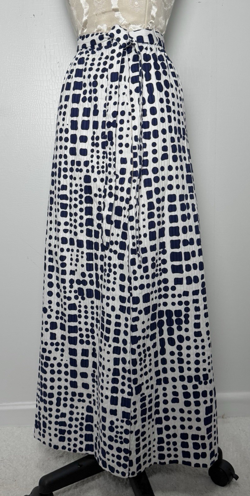VTG Jaeger London Wrap Maxi Skirt Blue White Mod Geometric High Waist Cotton UK
