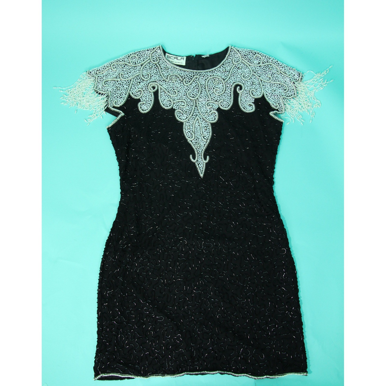 Vintage Scala Black Beaded Silk Dress White Pearl Bib Fringe Cocktail Sheath L