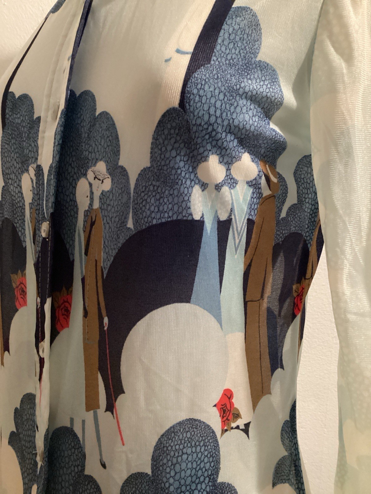 vintage 70’s sheer tricot novelty print disco dagger collar shirt sz S