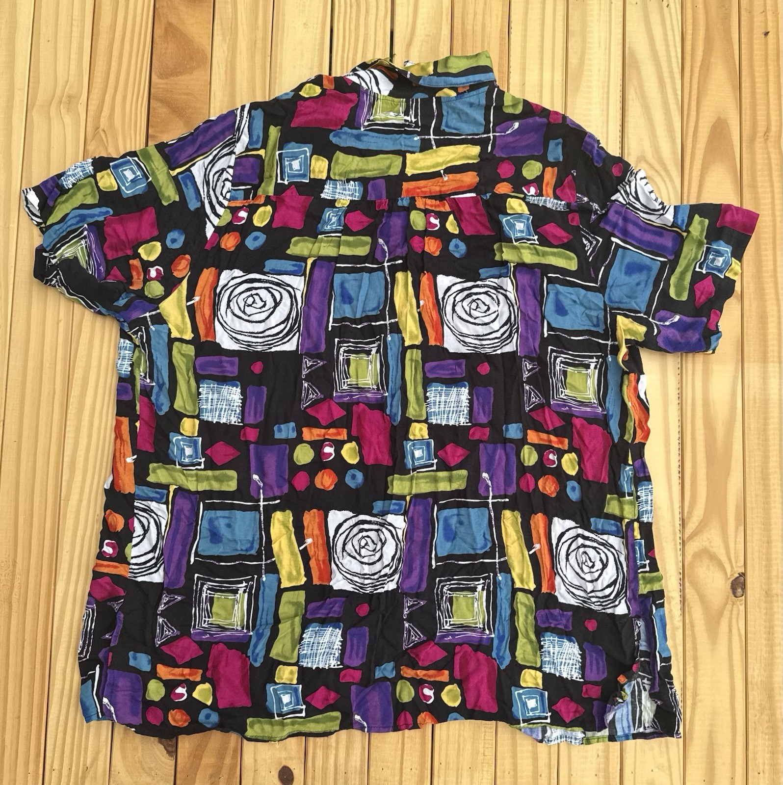 Vintage 1980s Abstract Artsy Bright Colorful Button Down Blouse Black 1X