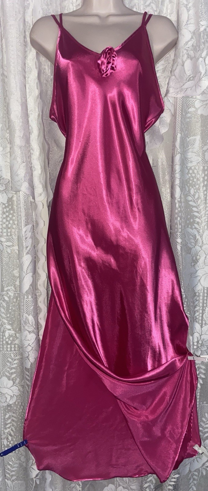 VTG SEXY M L Raspberry DEIDRE Satin Nightgown Negligee Gown w ROSETTE Hong Kong