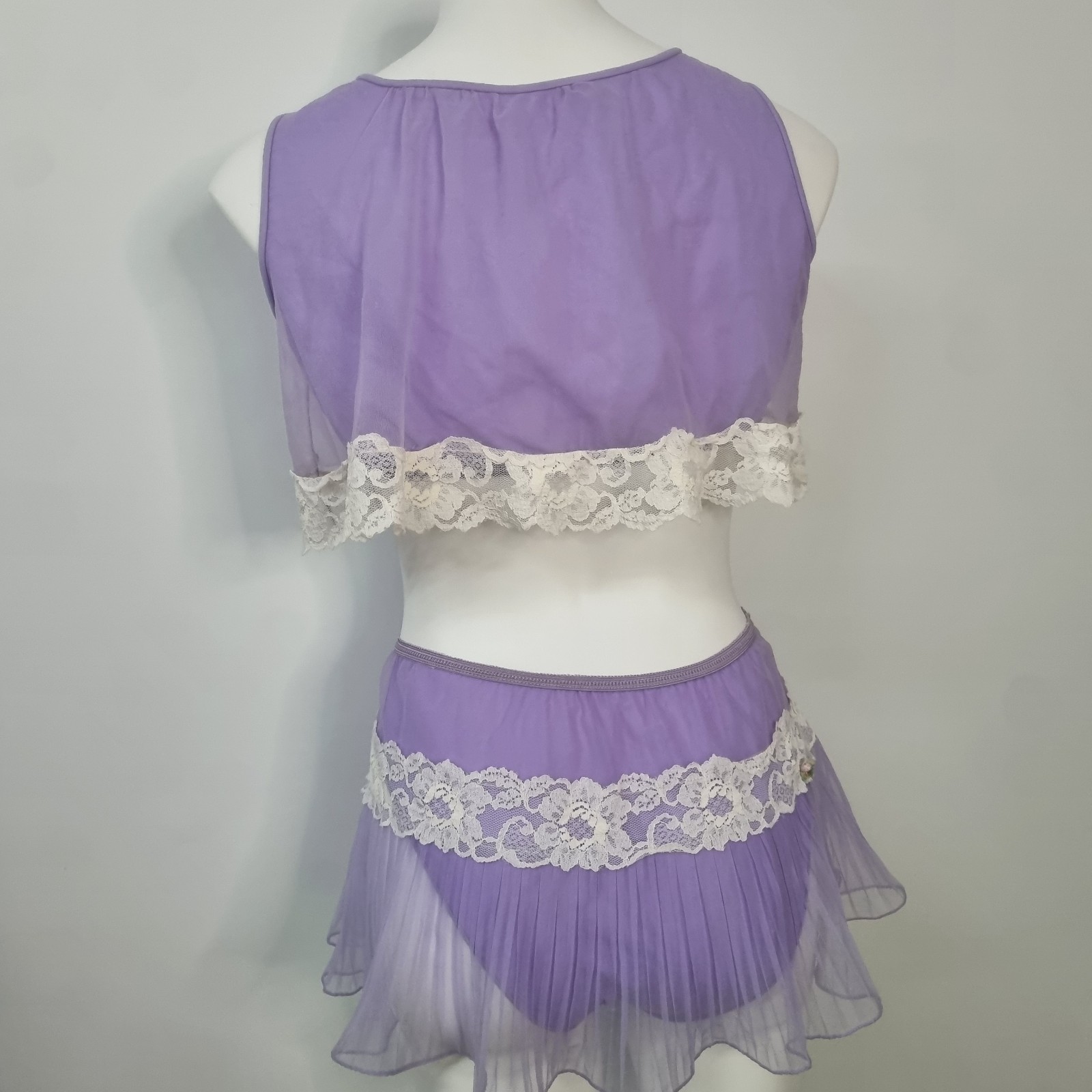 VTG 2 Peice Set Panty Bralette Skirt Sheer Accordion Nylon Mesh Lace Purple S