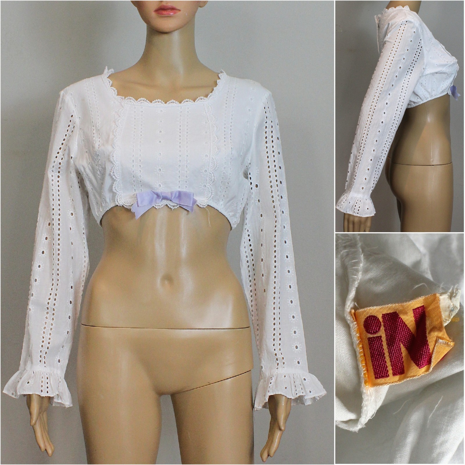 Vintage 1970s/70s Eyelet Lace Flair Sleeve Cotton Crop Top