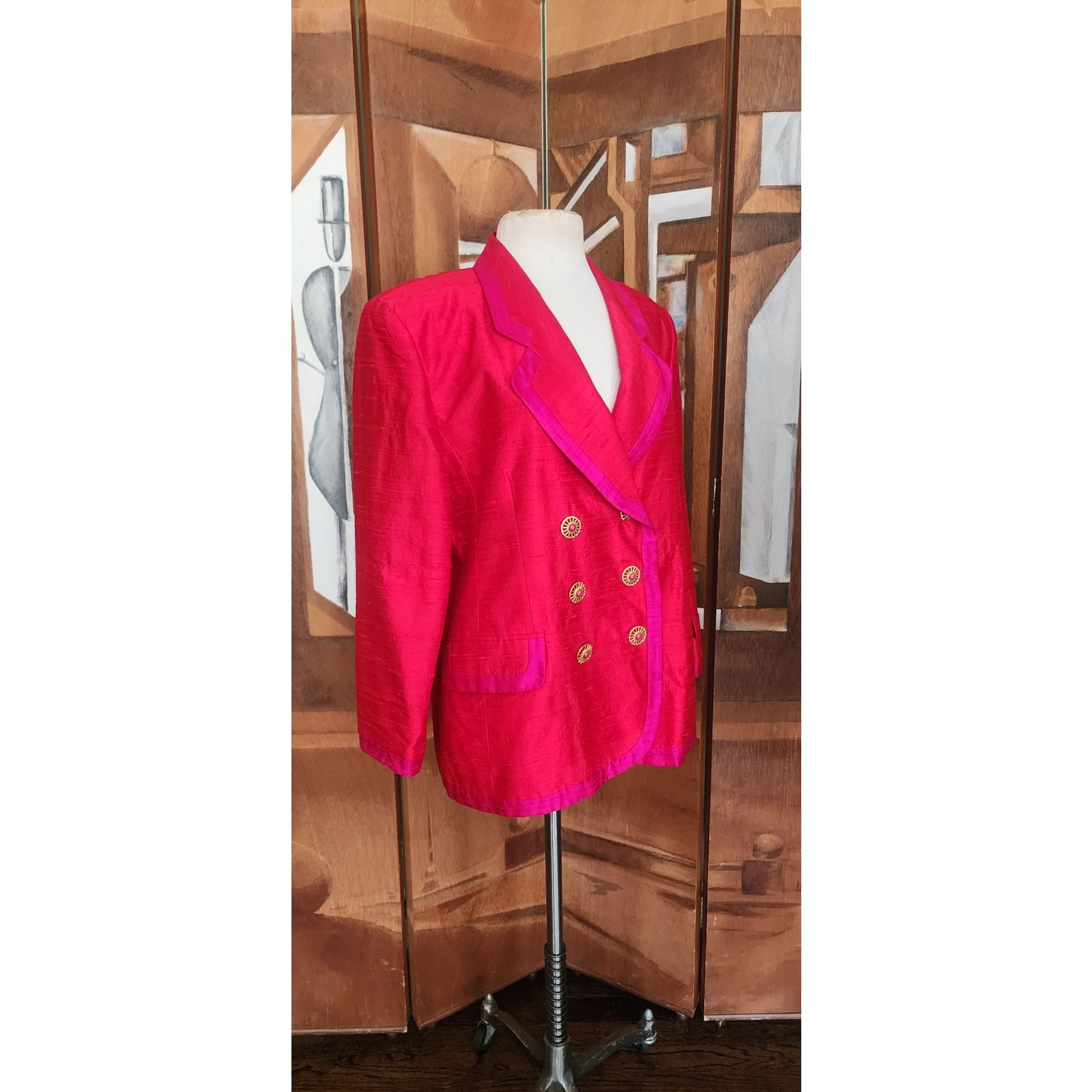 Vintage 1990s Mondi Blazer Silk Colorblock Double Breasted Red Pink Jacket