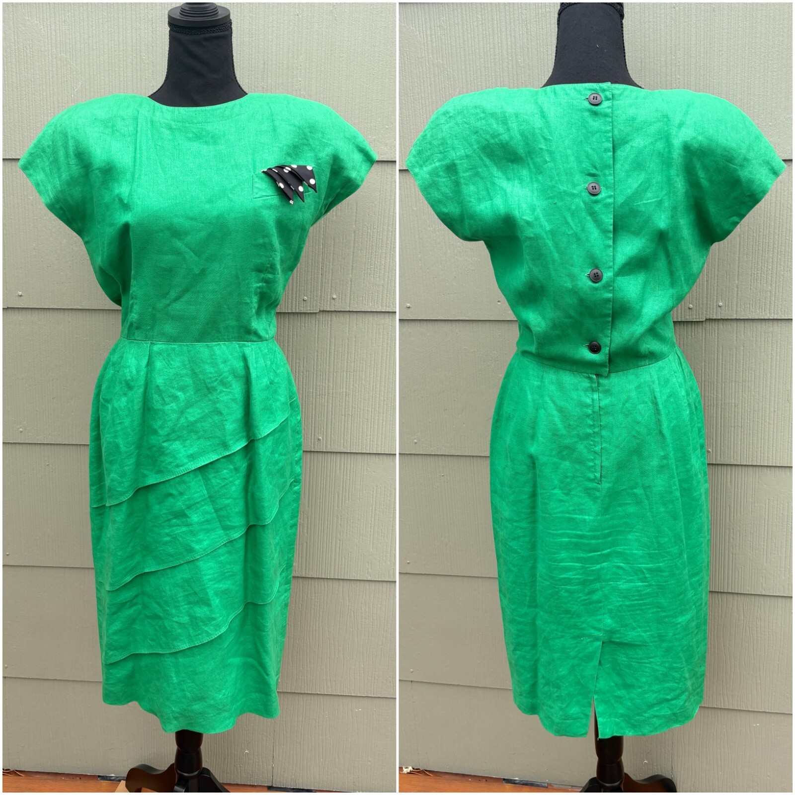 vtg ST. GILLIAN 80s Mod Rockabilly Linen Tiered Wiggle Dress w/ Pocket Scarf