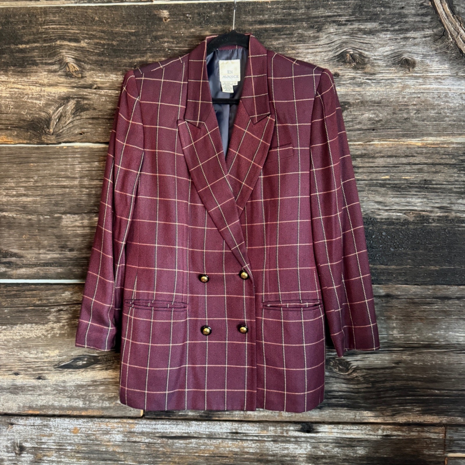 Vintage En Avance Burgundy Windowpane Plaid Blazer Size