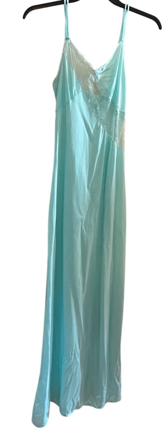 Vintage mint green Nylon Long Nightgown, Maxi slip dress Lace Trim XS USA sexy