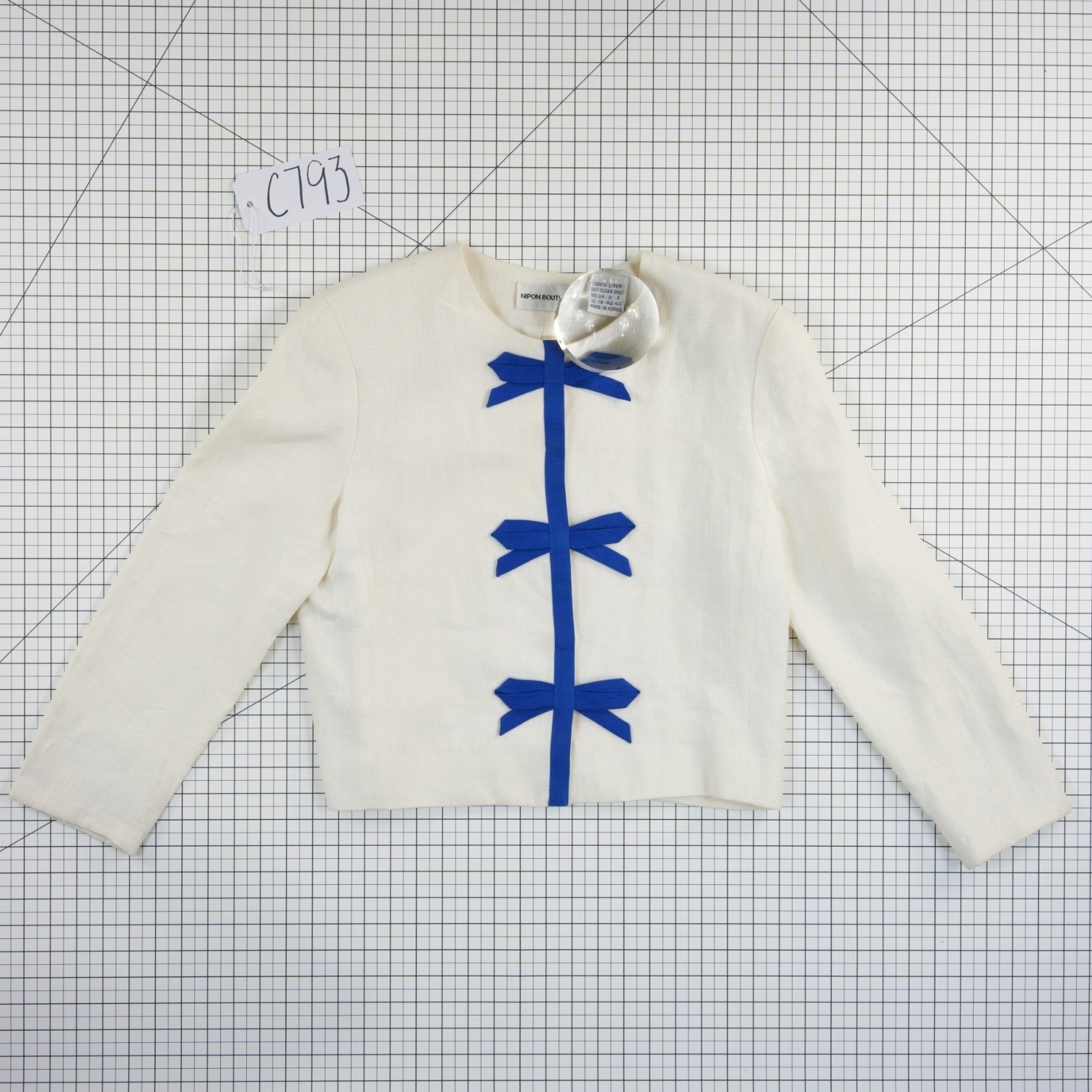Nipon Boutique 100% Linen Jacket Blazer Women’s Size 12 White Blue Bow Vintage