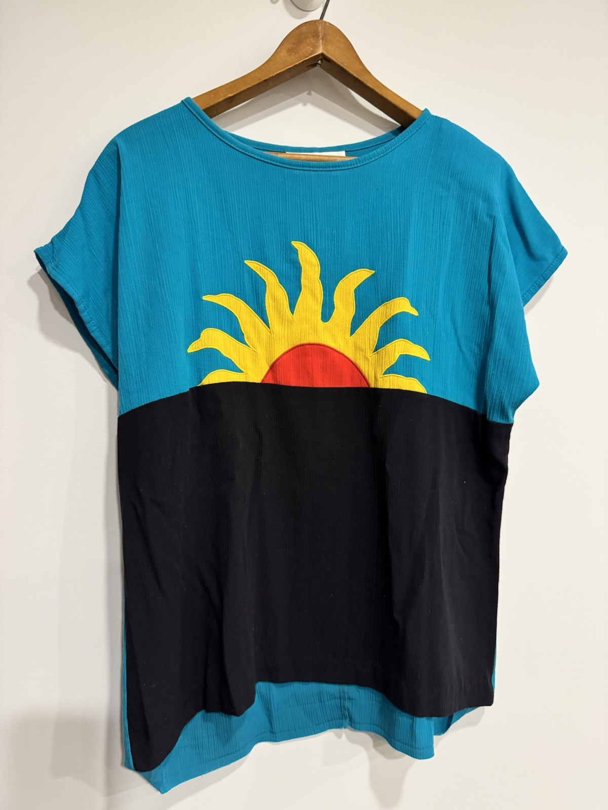 Vintage Peter Popovitch Teal Sunrise/Sunset Blouse Oversized Medium Boho Style