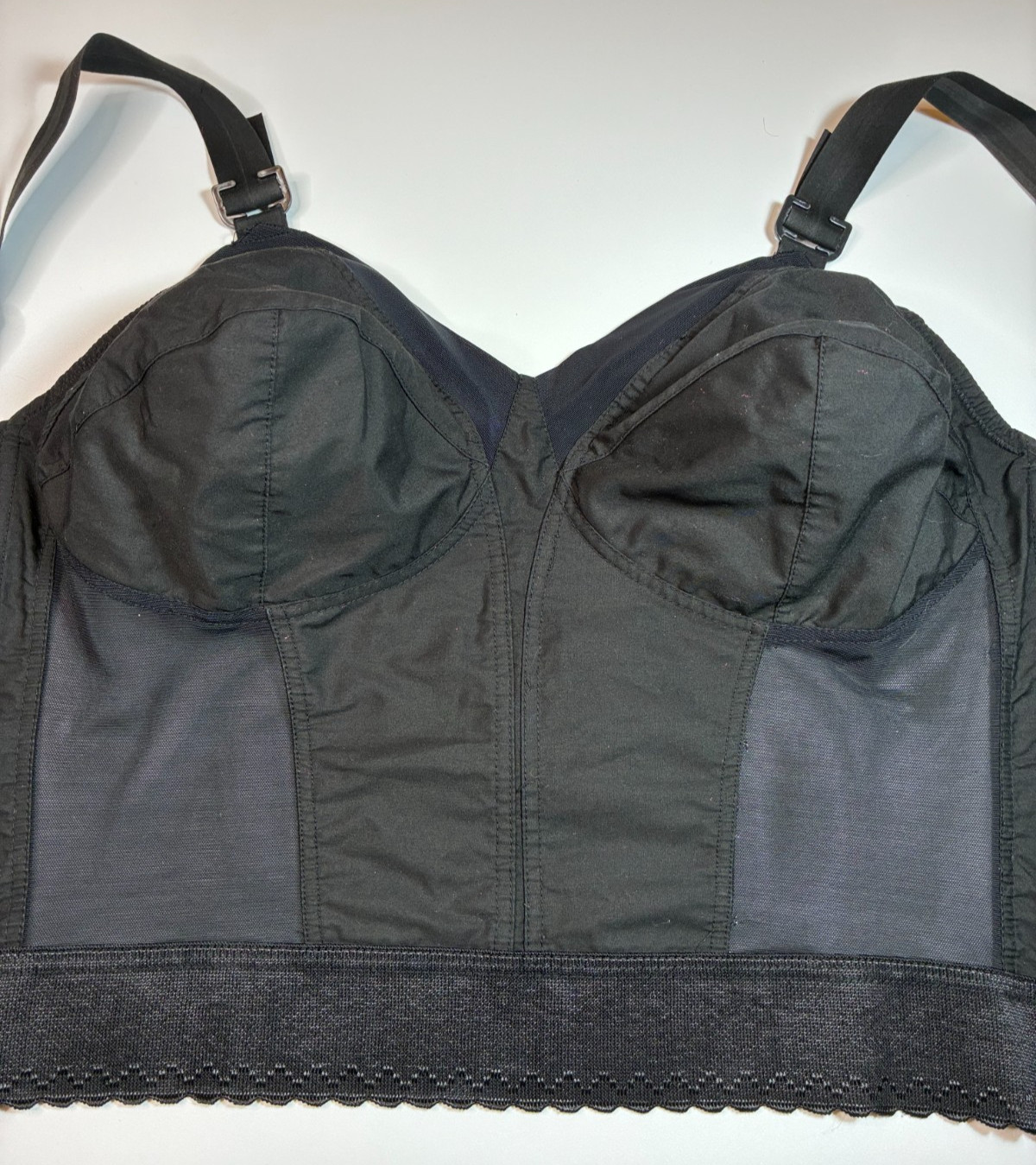 Vintage EXQUISITE FORM Black LONGLINE BRA 40 C US Sheer Panels Burlesque Boudoir