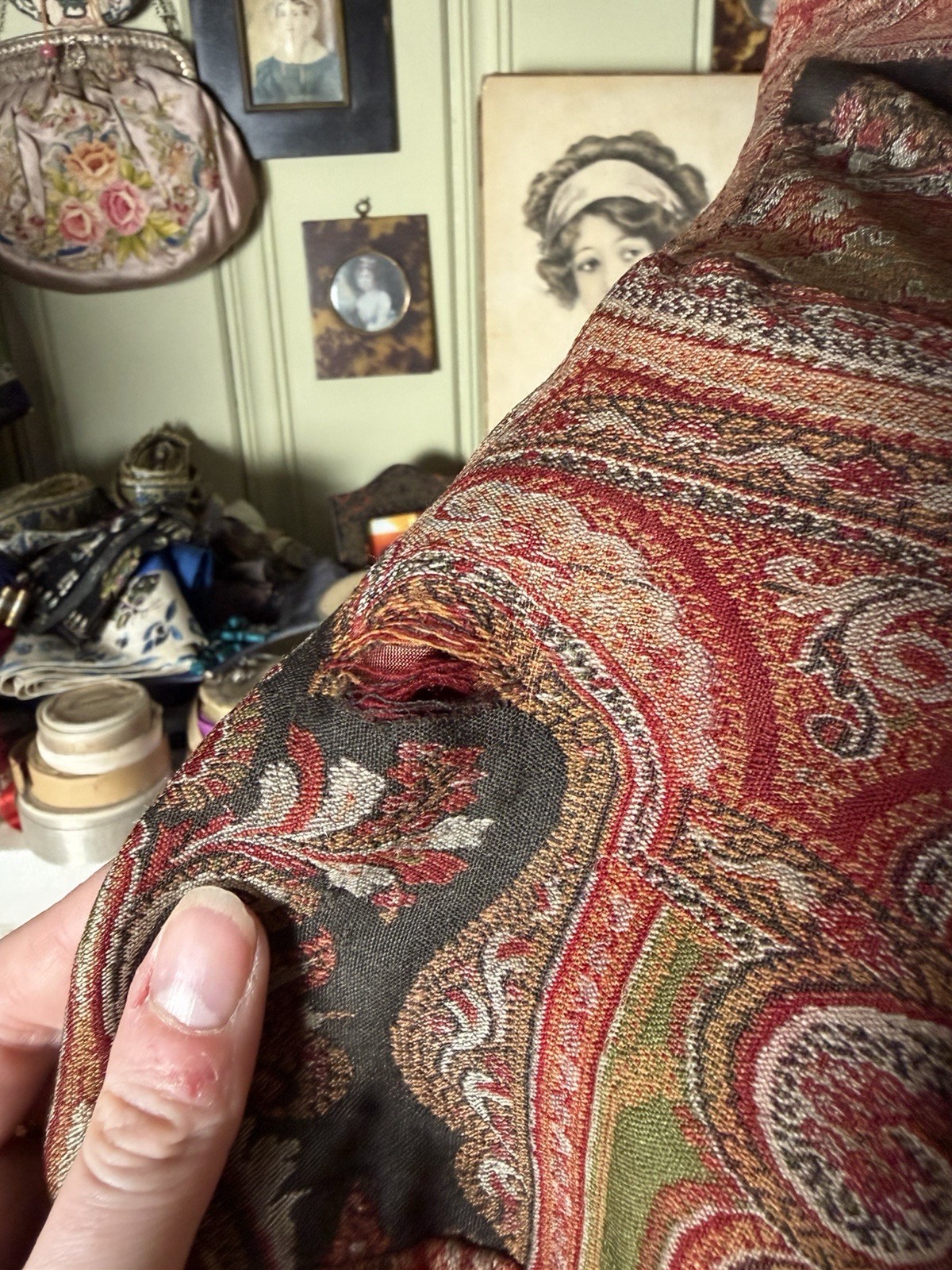 Vintage 1960s Qipao Style Dress, Victorian Paisley Shawl
