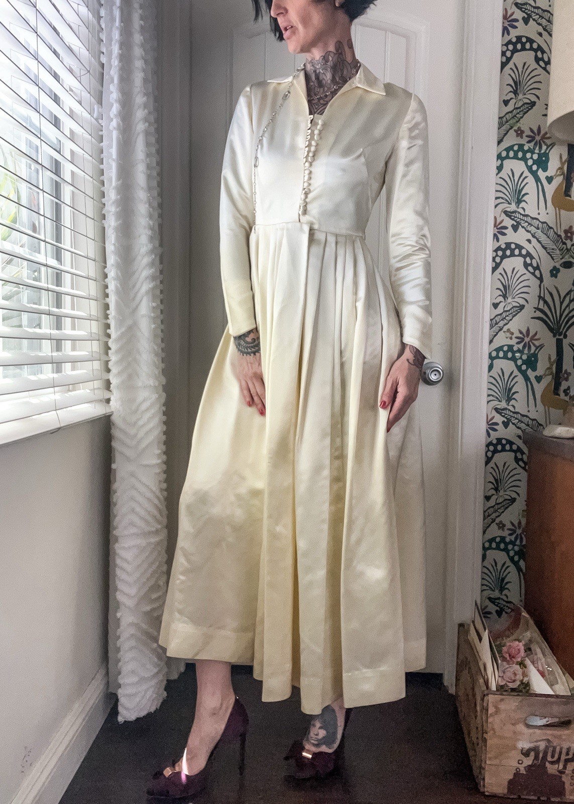Vtg 40s Cream Liquid Satin Wedding Reception Dress Gown Maxi S