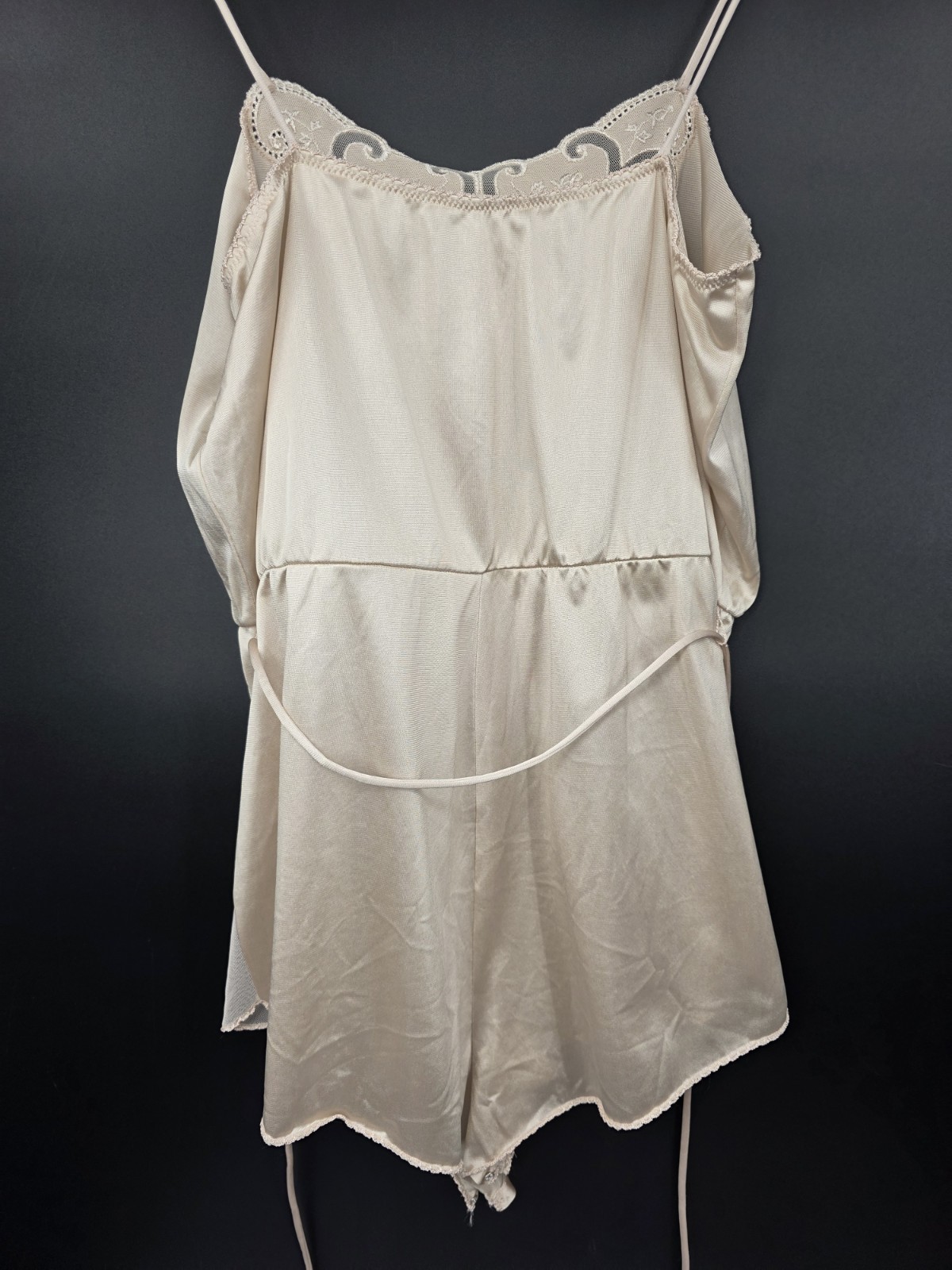 Vintage Vanity Fair Teddy Romper M Beige Lace Lingerie Bodysuit Satin Sheer
