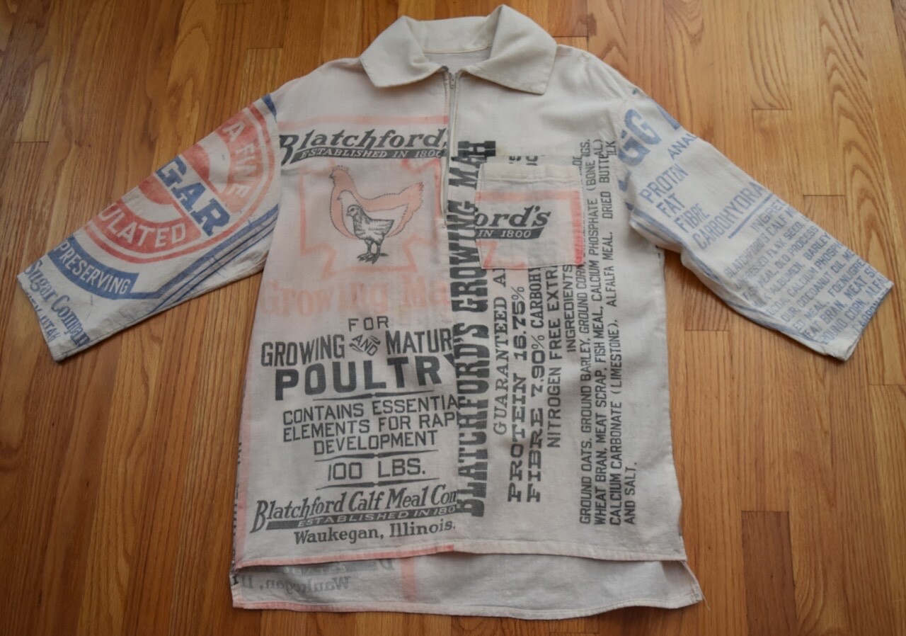 VTG Feed Sack Chicken Tunic Pullover Shirt Grain Sugar Bag Hippie Cottagecore OS