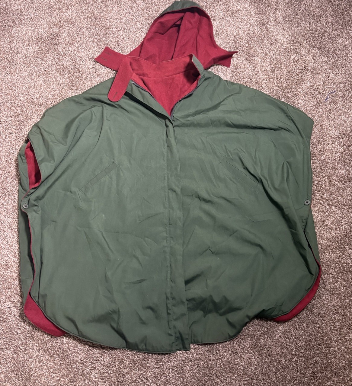 WOOLRICH WOMAN Vtg 80s Olive Green Red Wool Reversible Hood Poncho Cape-One size