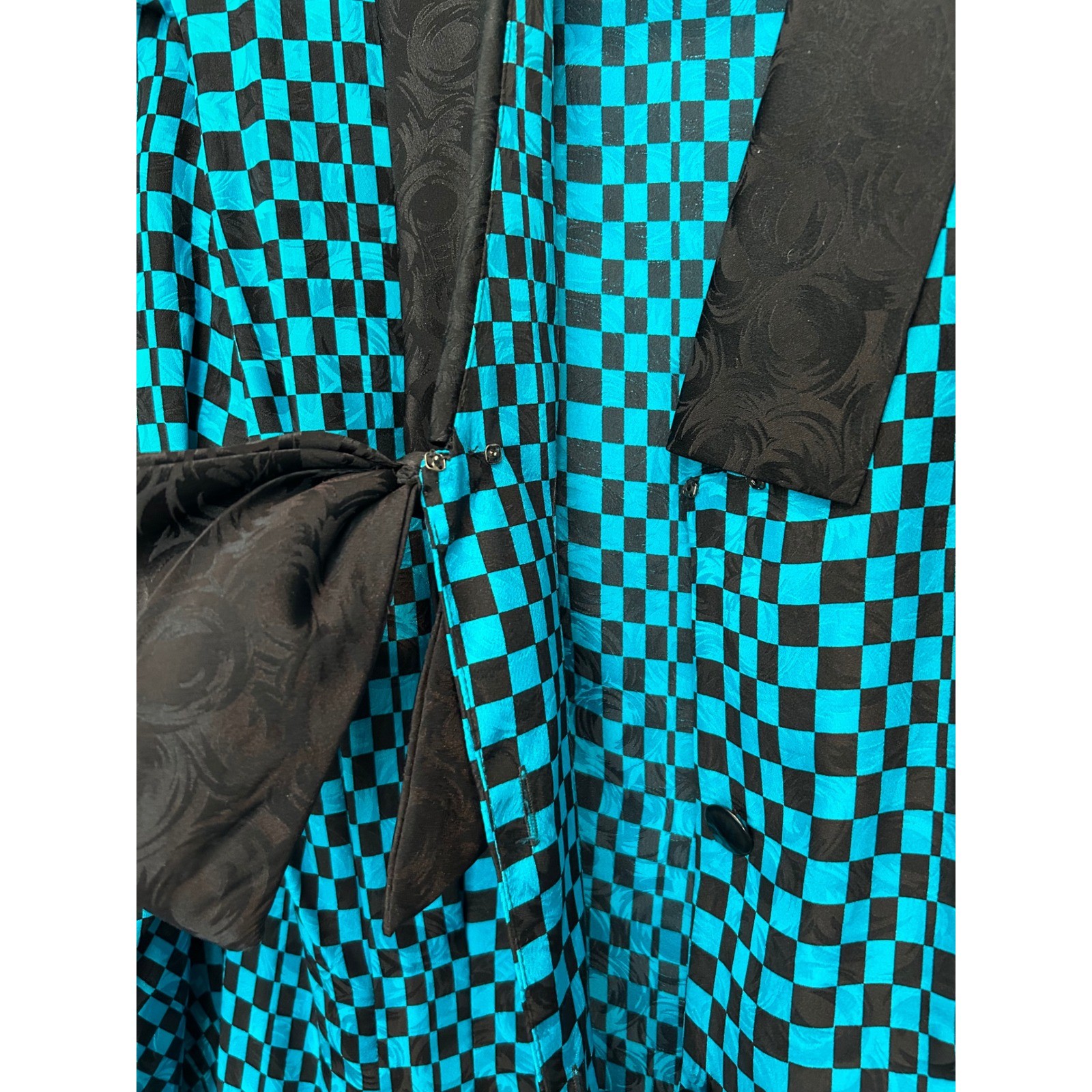 Adrianna Papell 80s 90s Silk Checkerboard Dress Teal Black Bow Vintage Size 14