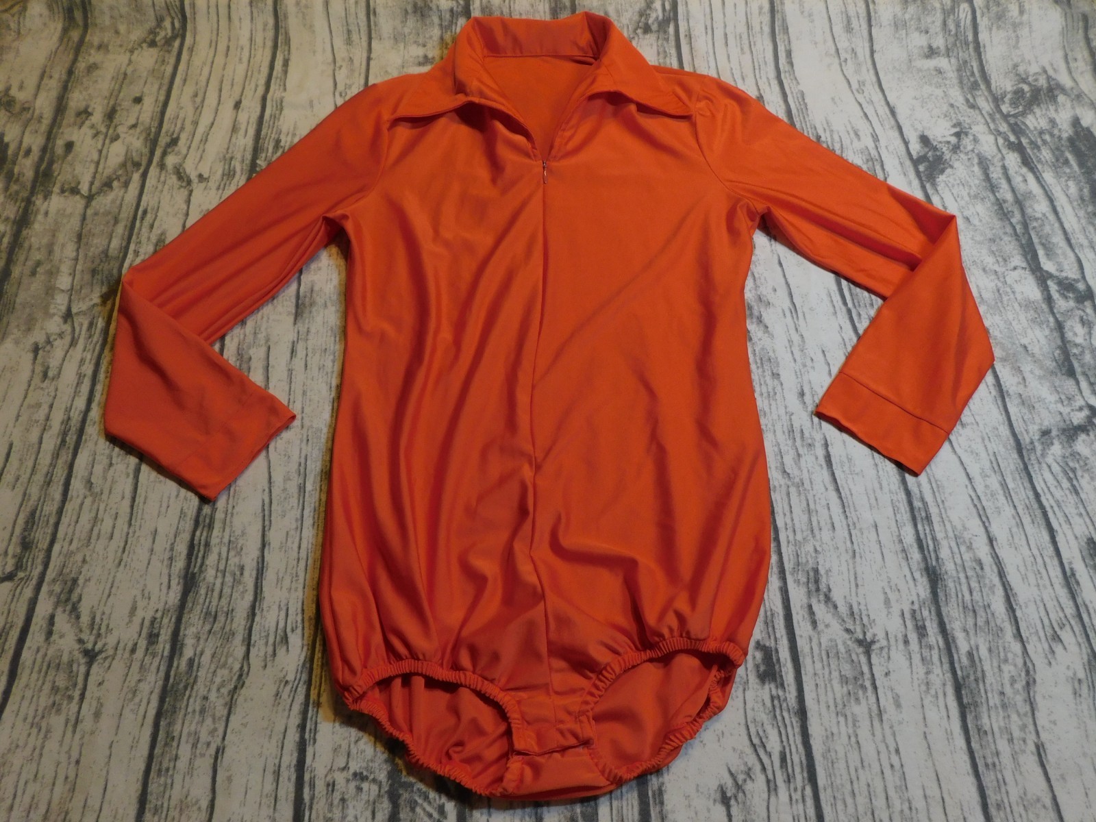 VTG 60s 70s MOD SHIRT TOP BLOUSE BODYSUIT WIDE COLLAR RED ZIP FRONT WOMENS M L