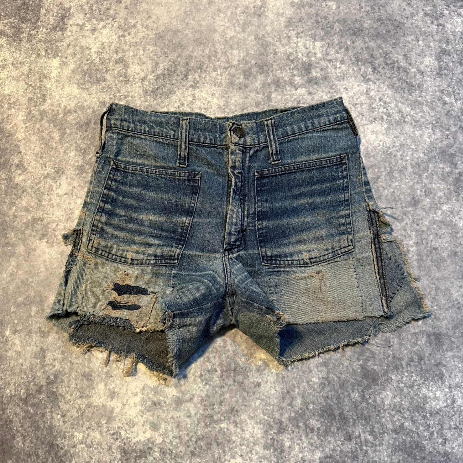 Vintage 70s Talon Zipper Distressed Patchwork Denim Cut Off Jeans Shorts Womens