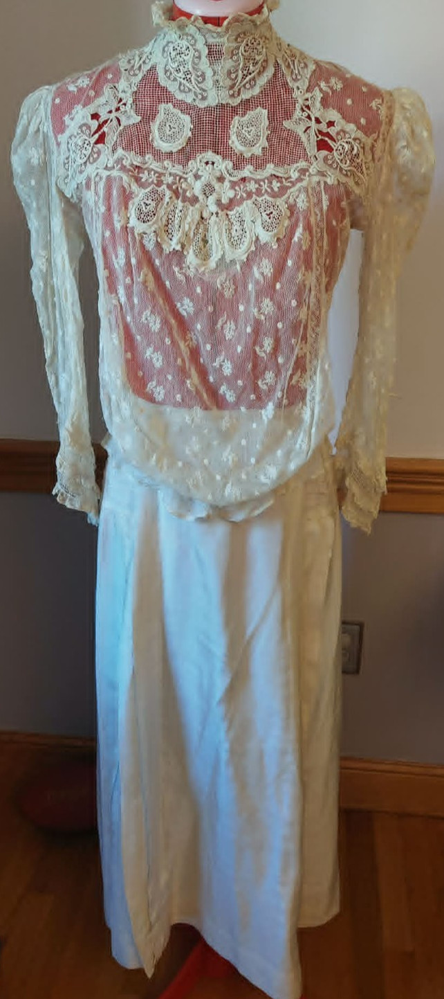 Antique 1900 Edwardian Lace Over Bodice and Silk Under Skirt