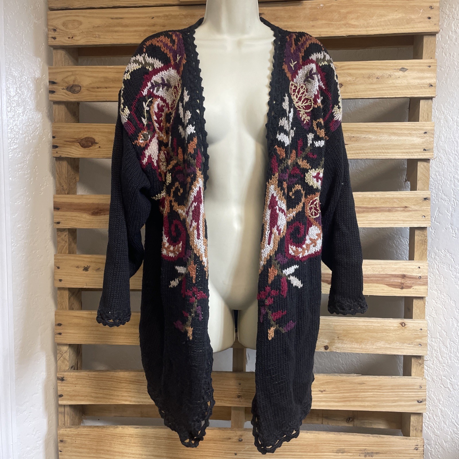 Vintage JK America Womens Sz 14 – 16 Black Fall Design 3/4 Sleeve Cardigan JD AP