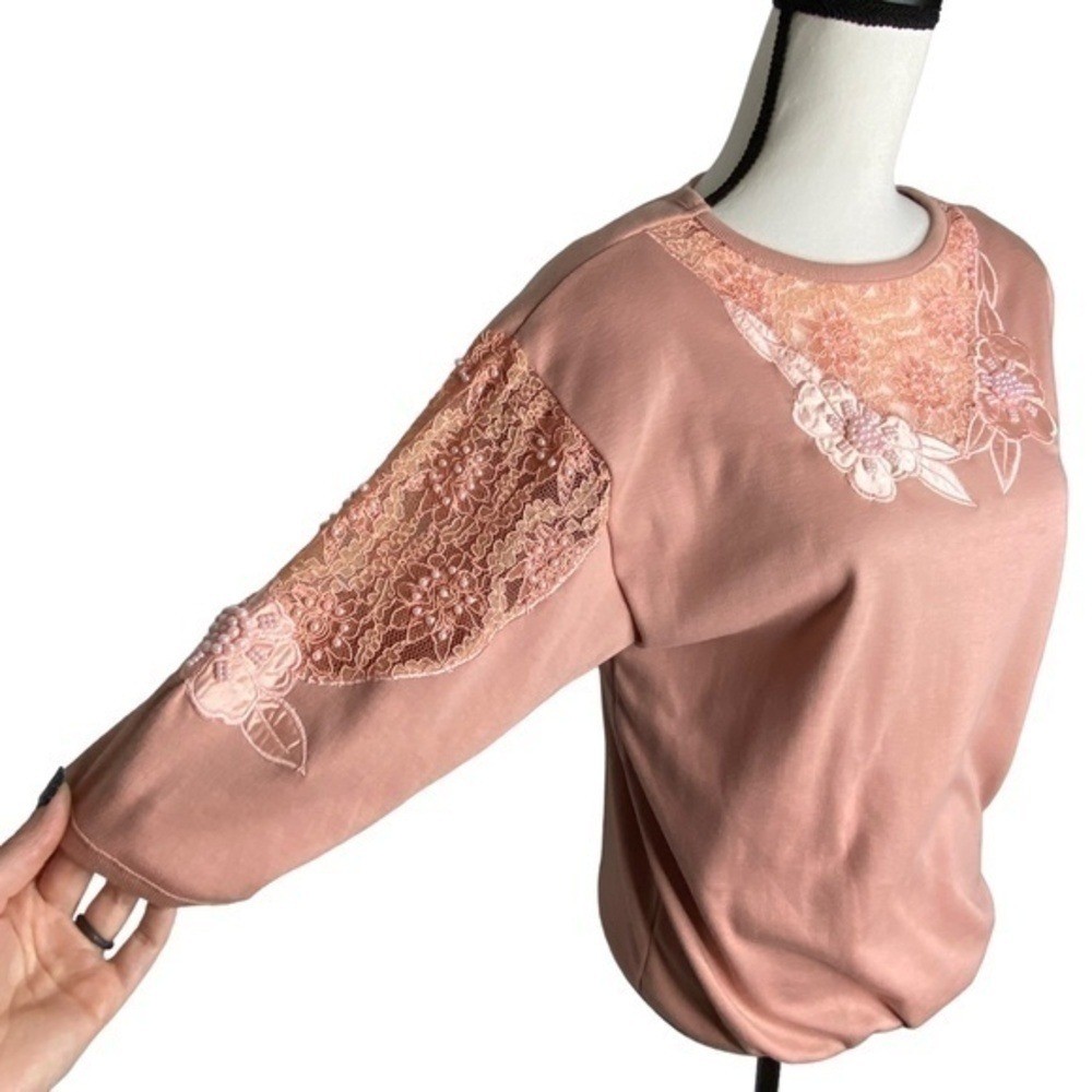 Vintage Recent Works Top Blush Pink Lace Bead Floral Appliqué Half Sleeve Top