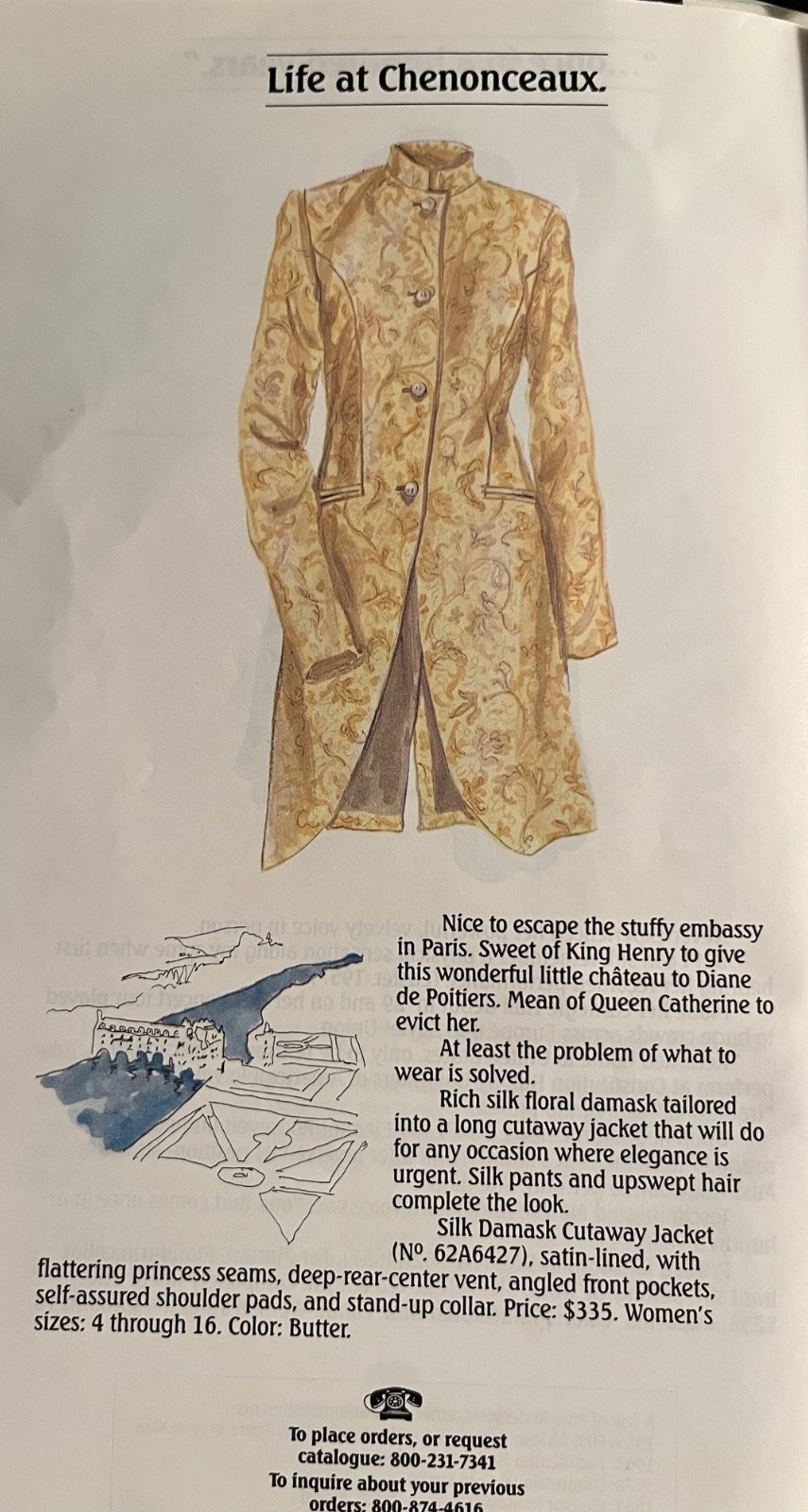 NWT J Peterman Life at Chenonceaux Silk Damask Cutaway Jacket Bust 36-38 $335.00