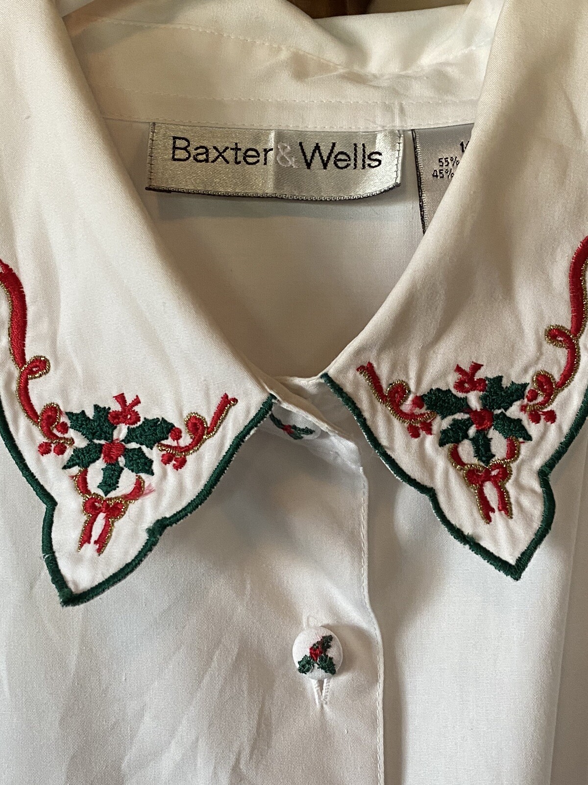 Vintage Baxter & Wells Sz 14 Holiday Embroidered Long Sleeve Front Button Blouse