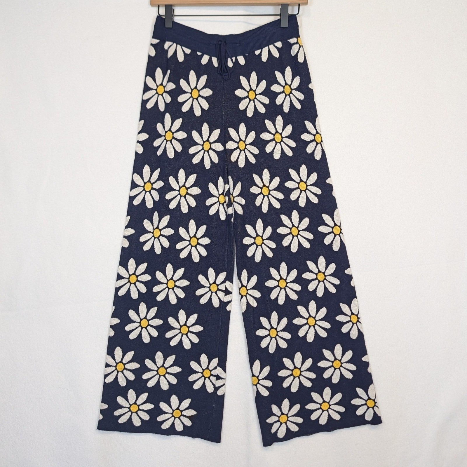 Sugarhill Brighton Navy Daisy Knit Pants Wide Leg Drawstring Trousers Retro US 6